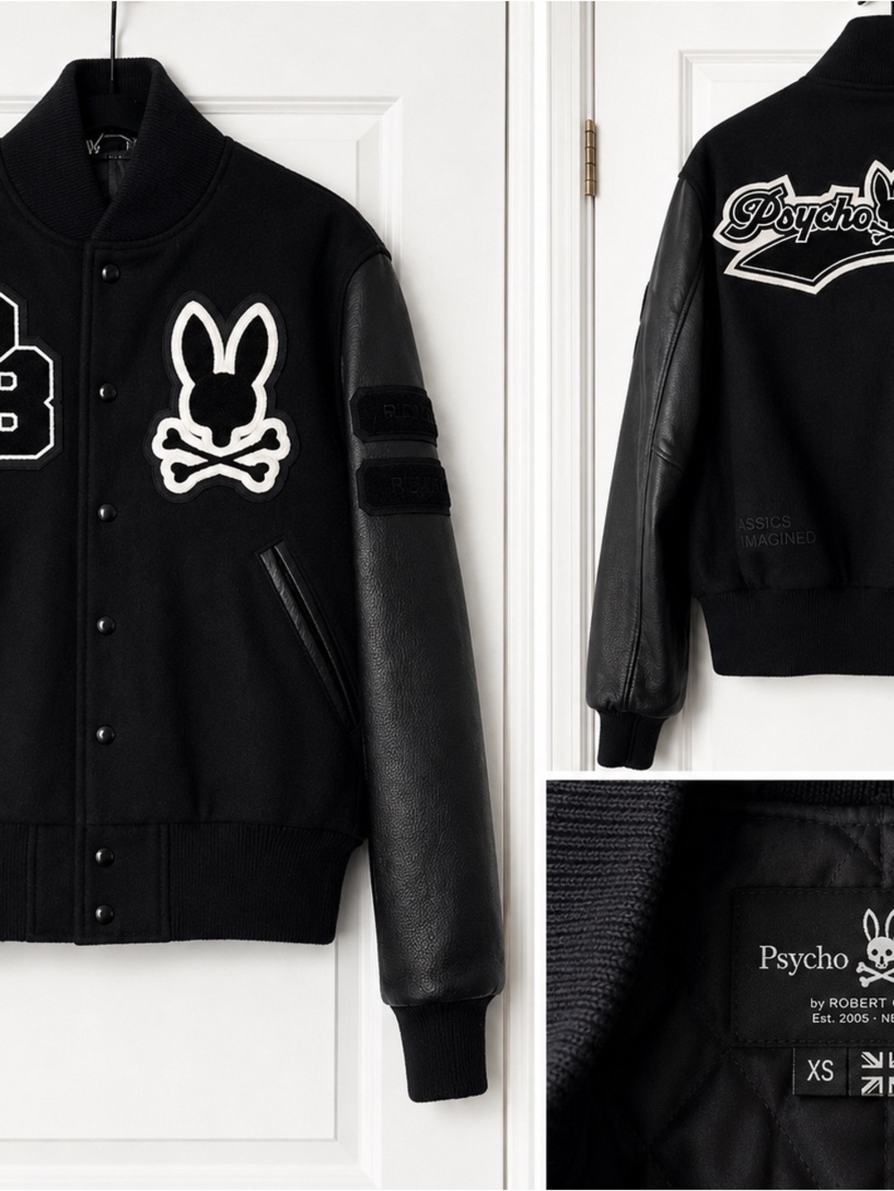 Psycho Bunny Men’s Black Wool and Leather Varsity Jacket
